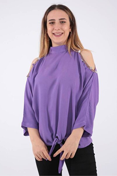 FIRST STYLE Turkish Purple Off-The-Shoulder Blouse with a Mid-Length Sleeve a...
