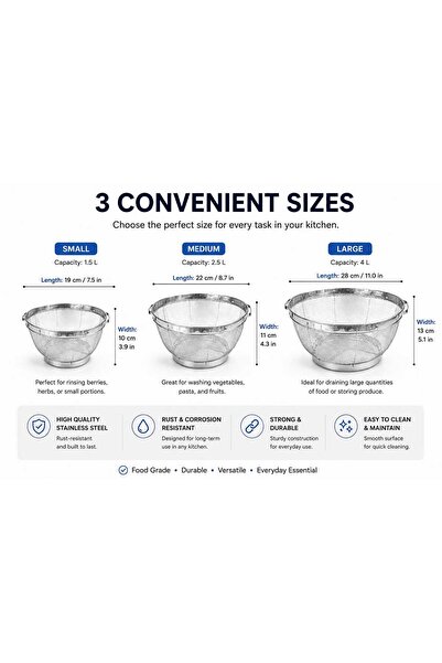 Genaric Stainless Steel Mesh Strainer Basket Set (3 Pieces)