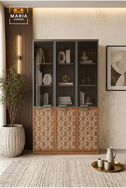 MARIA HOMES Luxury Wooden Display Cabinet with Decorative Carved Doors – Glas...
