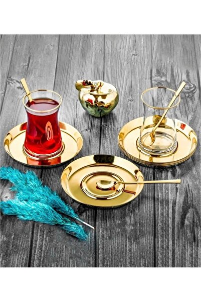 MAHUR HOME PASLANMAZ ÇELİK GOLD YUVARLAK 6 ADET ÇAY TABAĞI BARDAK ALTLIĞI