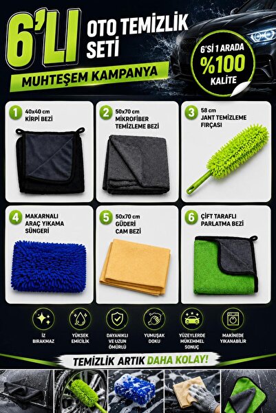 HR PAK 6Lı Efsane Mikrofiber Oto Yıkama Temizleme Araç Kurulama Bez , Eldiven Sünger Araba Seti