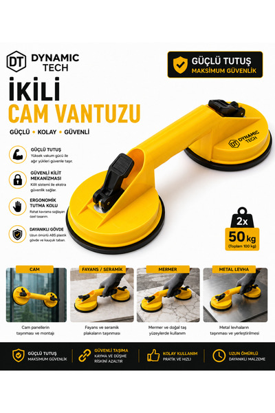 DynamicTech İkili Vakumlu Vantuz Cam Seramik Granit Mermer Fayans Taşıma Apar...