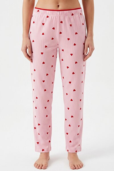 hadiora Kadın Pembe Çizgili Kalp Desenli Bambu Pijama Alt