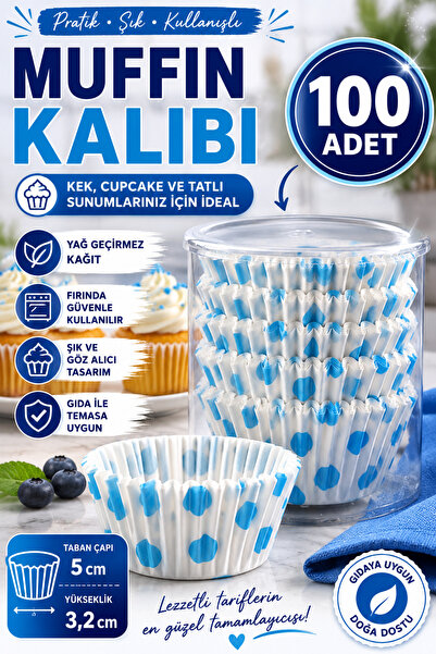 KEA 100 Adet Muffin Kalıbı Kağıdı Mavi Desenli Cupcake Kek Kalıbı Fırın Pişir...