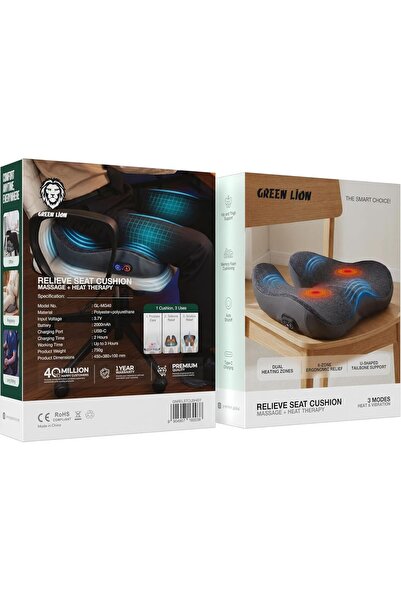 Green Lion Relieve Seat Cushion with Heat & Vibration, Memory Foam Chair Pad with 6-Zone Ergonomic Relief & U-Shaped Tailbone Support, 2000mAh USB-C Rechargeable Orthopedic Cushion for Office