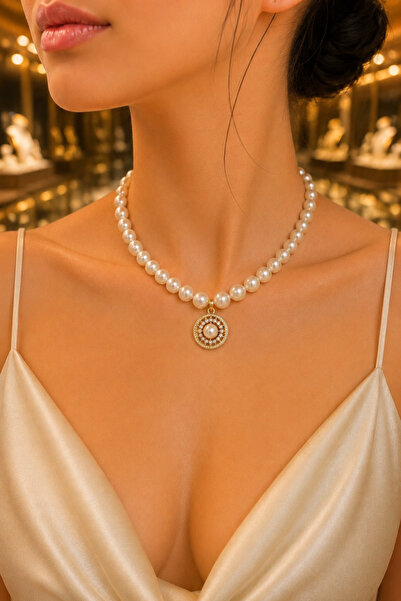 CAXBERN Special Design Women's Diamond Motif Pearl Necklace