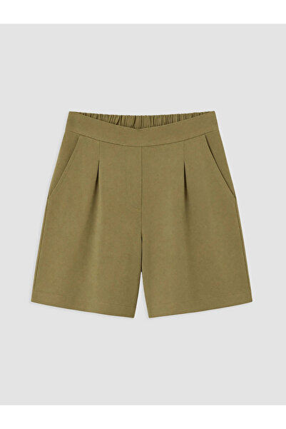 LC Waikiki Green Elastic Waist Linen Blend Women's Pleated Shorts