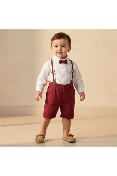 Juniors Collared Neck Long Sleeve Shirt and Shorts Set with Suspenders