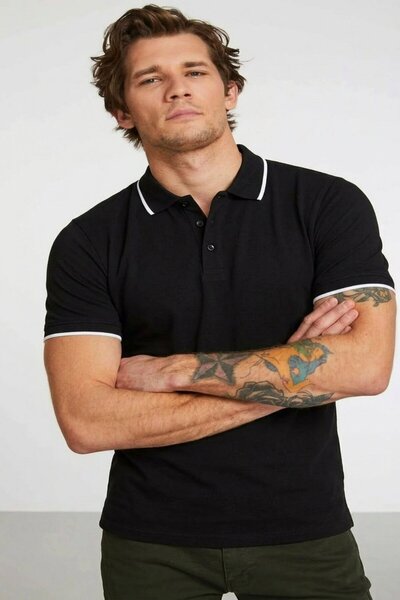 comstar Men's Casual Short Sleeve Slim Fit Black Polo Collar T-Shirt
