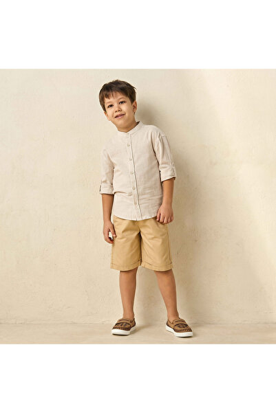 Juniors Mandarin Neck Long Sleeves Shirt and Shorts Set with Stripes