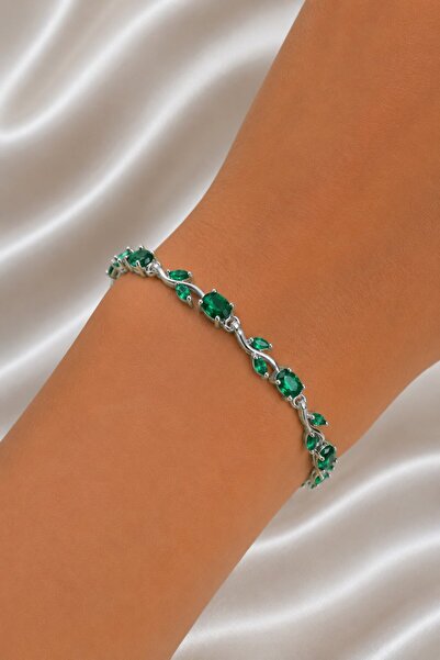 Clariss Brass Silver Color Green Zircon Stone Flower Model Women's Bracelet