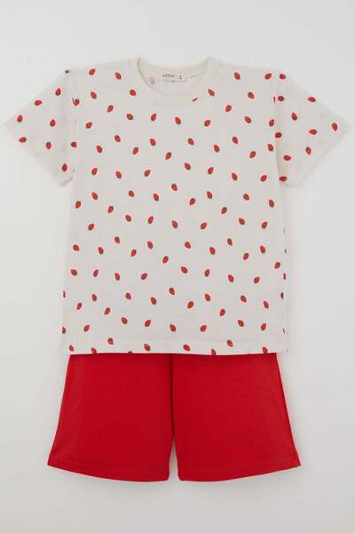 Breeze Girl's Shorts Pajama Set with Strawberry Pattern, Ages 4-8, Cream