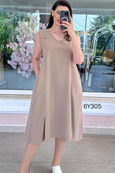İnce Topuk Button Detail Waist Tie Linen Dress 6Y305