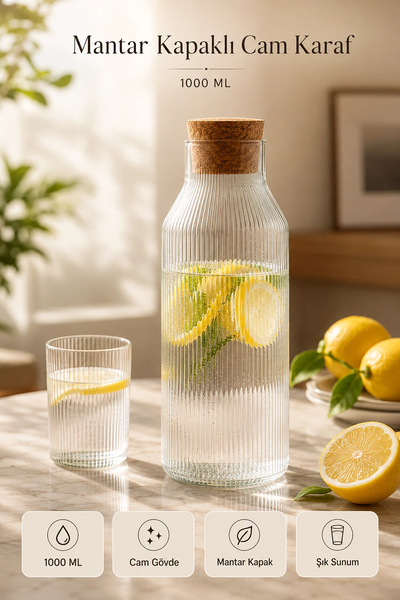 Tilbe Home Cam Karaf Sürahi 1000 ml Çizgili Mantar Kapaklı Su Şişesi Başucu S...