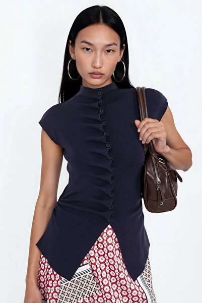 Hiccup QU STYLE Cardigan Fără Mâneci, Cu Guler Tunică Și Textură Ribată