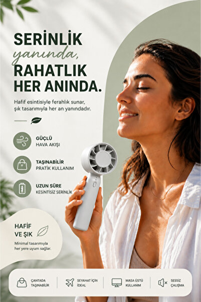 KATJMER Taşınabilir Mini El Fanı USB Şarjlı 3 Kademeli Sessiz Masaüstü Vantil...