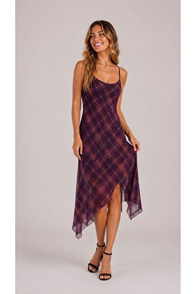 BLOUSE Bordo İnce Askılı Asimetrik Yazlık Midi Elbise
