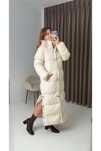 Raneel Kazançlı Alışveriş Women's Slit Hooded Long Inflatable Coat with Snap Pockets, Cream
