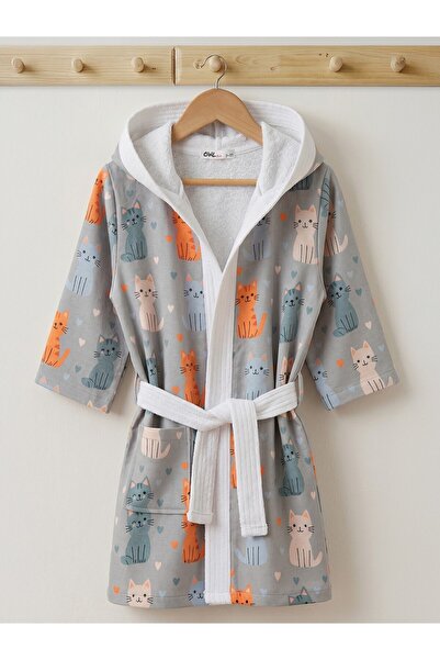 Civil Girls Cat Printed Bathrobe for Ages 2-12 - Gray