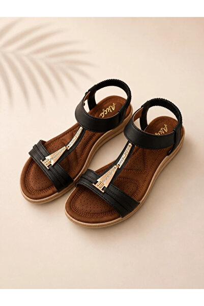 Mergenshoes Akç A26 Siyah Günlük Taşlı Kadın Sandalet Ayakkabı