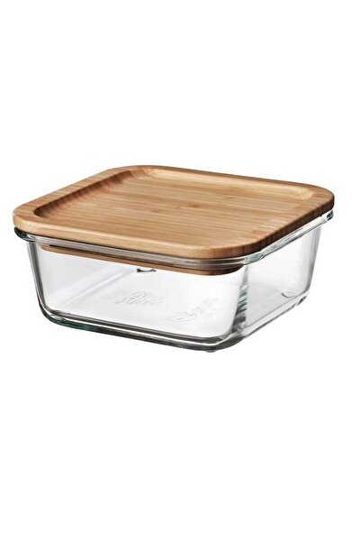 Generic Food container with lid, square glass/bamboo600 ml