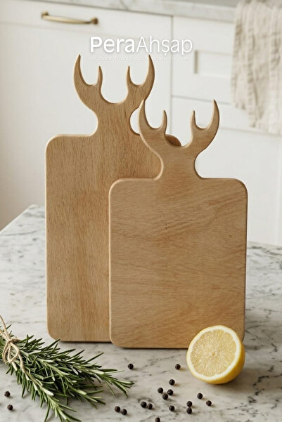 PeraWooden Pera Wooden Deer 2'li Kayın Kesme Tahtası Geyik Boynuzu Sunum Tahtası