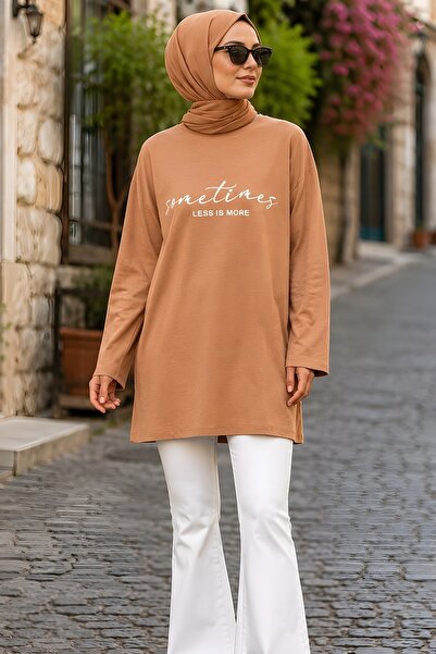 İmajButik Biscuit Crew Neck Printed Single Jersey Tunic