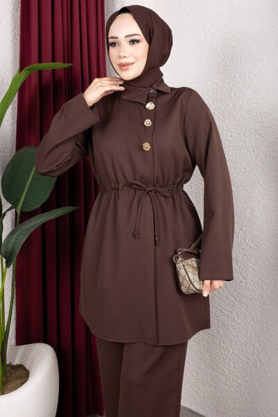 Rabia Zülal New Season Suit with Side Buttons on the Front - Brown Rbz2608Y