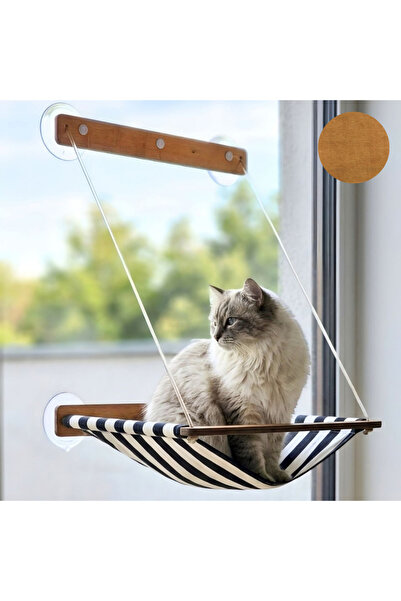 Vantuzlu Pencere Önü Kedi Yatağı | Teak Rengi Ahşap Hamak