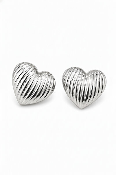 Jack Ferrero Stylish Heart Patterned Grooved Silver Color Steel Earrings Wome...