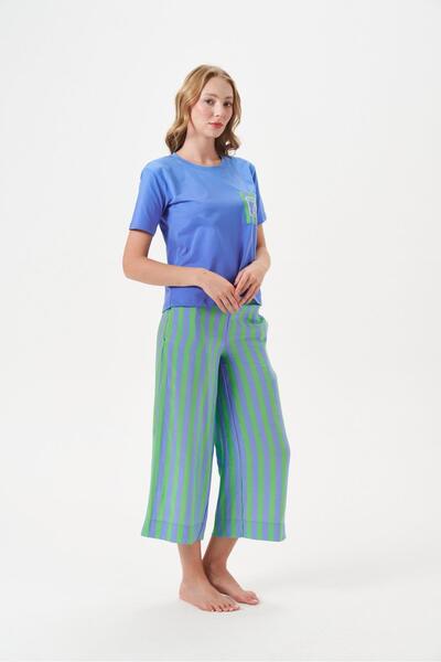 PJS Kadın Mavi Yeşil Çizgili Geniş Paça Kapri Pijama Takım 29044