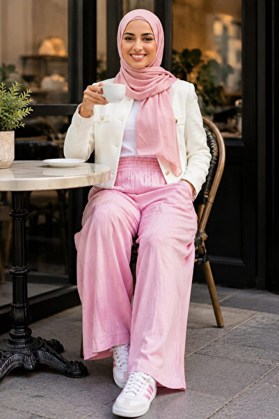 Hb Harma Time Butik بنطلون نسائي فضفاض من قماش الفراولة باللون الوردي مع خصر مطاطي