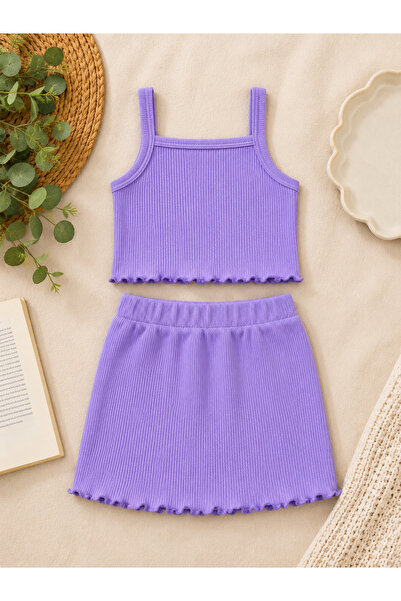 ues Lila Rıbana Ribbed Crop and Skirt Set