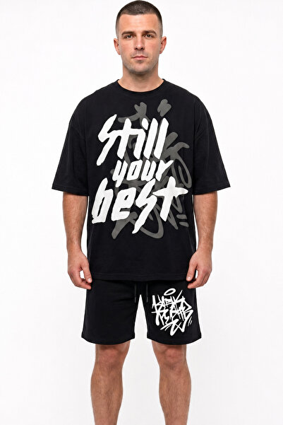 EFFRENATU Men's T-Shirt Shorts Set Black Graffiti Print