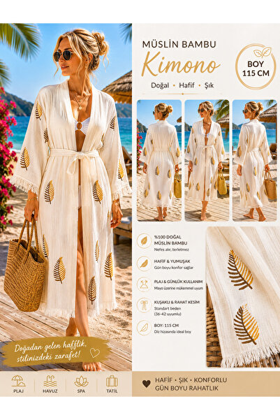 Store Müslin Bambu Kimono 115 cm Kuşaklı Yaprak Desenli Plaj ve Spa Kimonosu