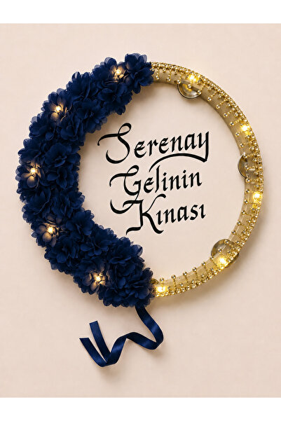ELYNA Lacivert Gold Taşlı Ledli Şeffaf Gelin Tefi, Çiçekli 32 cm, Kına Düğün ...