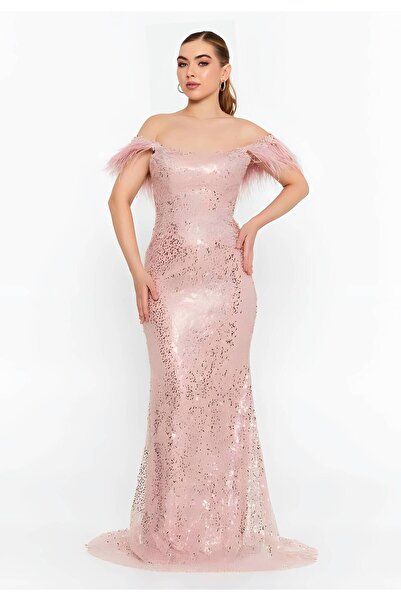 1way Luxury Feathered Sequin Pink Evening Dress