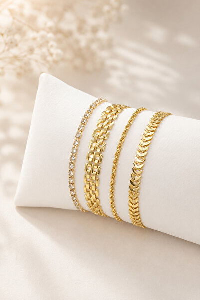 Crc Bijuteri Gold Color 4-Piece Elegant Women's Bracelet Combination with Wat...