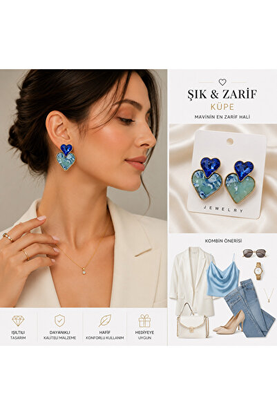 kasımoğulları concept Blue Heart Design Women's Earrings with Stones – Stylis...