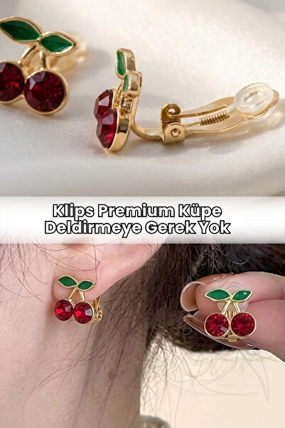 Elifsu Jewelry Klipsli Deliksiz Küpe Kiraz Tasarımlı Taşlı Kulağı Delik Olmay...