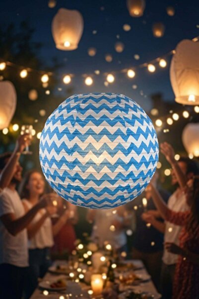 DODOMAR Japon Feneri Çin Feneri Zigzag Desenli Mavi Kağıt Fener 30 Cm Parti B...