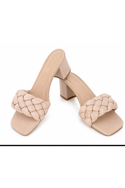 Diva Exclusive Fashion Saboți Bej cu Baretă Împletită și Toc Gros 5-6 cm