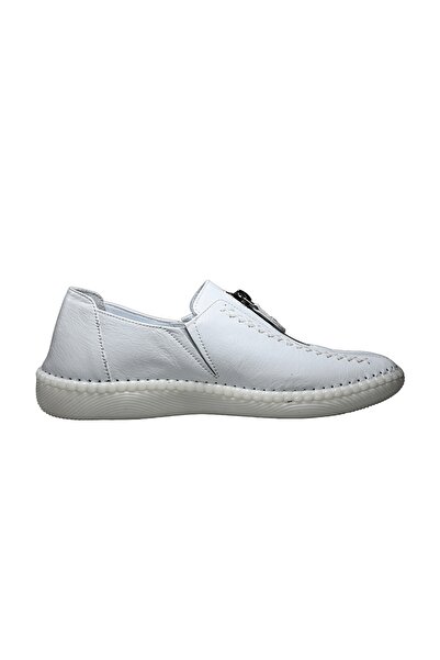 Burç Li̇nda Women's Genuine Leather Zippered Comfortable Daily Shoes White