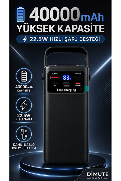 Dimute Shop P04 40000mAh Powerbank 22.5W Hızlı Şarj LED Ekranlı Kamp Işıklı T...