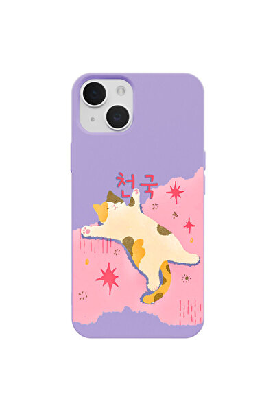 Casen iPhone 15 Lila Cat Sleeping Kamera Korumalı Premium Lansman Renkli Sili...