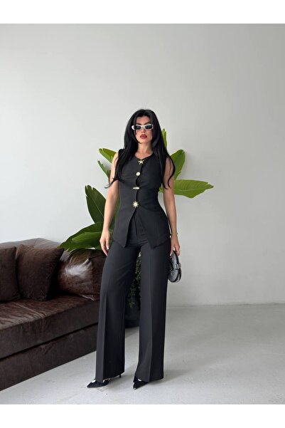 SUXİRCNHTMTS Asymmetrical Cut Design Buttoned Vest and Palazzo Trousers Two-P...