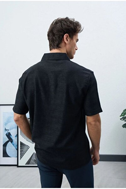More Black Marrakech Men's Black Wrinkled Fabric Oversize Polo Collar T-Shirt