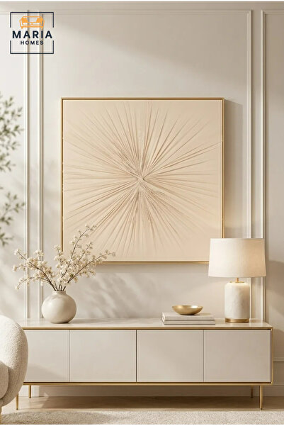 MARIA HOMES Modern Beige Sunburst Framed Wall Art – Minimalist Textured Abstr...
