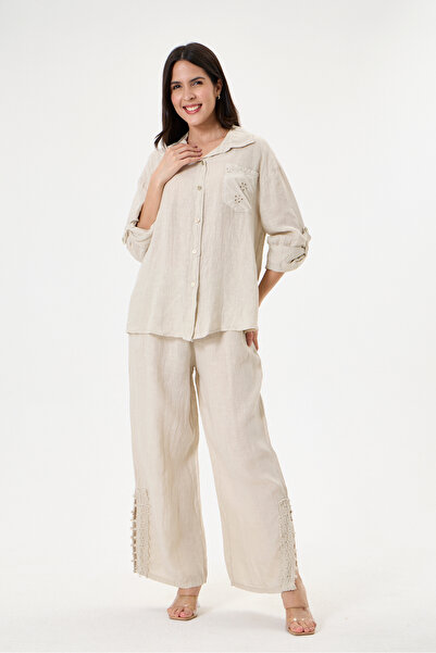 della moor Women's Beige Italian 100% Linen Lace Back Low-Cut Top and Bottom ...