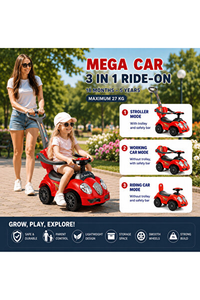 Bebelul Masinuta copii RIDE-ON 3 in 1 Mega Car cu maner parental, bara protec...